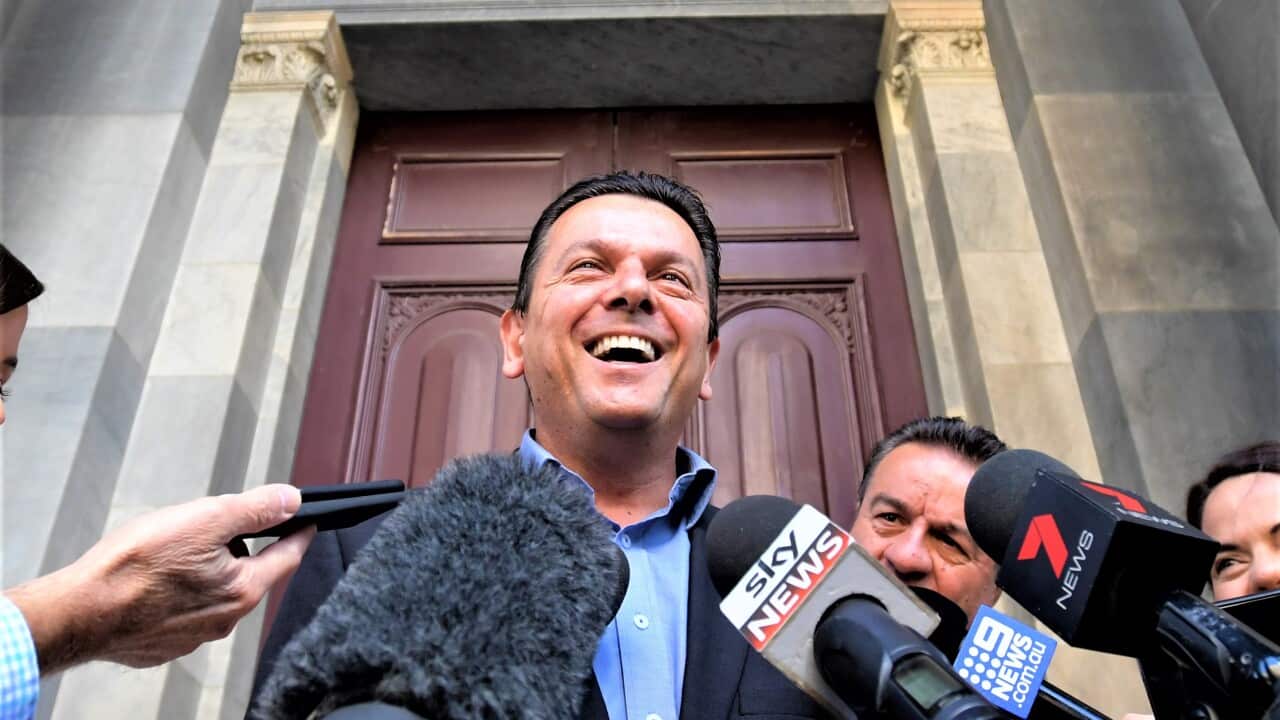 Former senator Nick Xenophon speaks to media on the steps of Parliament House in Adelaide, South Australia, Sunday, March 18, 2018. (AAP Image/Tracey Nearmy) NO ARCHIVING