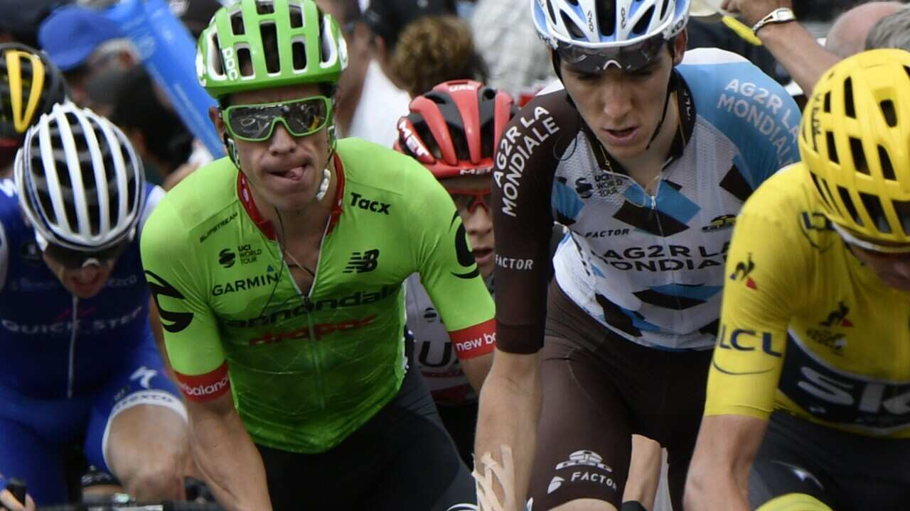 Rigoberto Uran and Romain Bardet on stage 12 of the 2017 Tour de France (AAP)