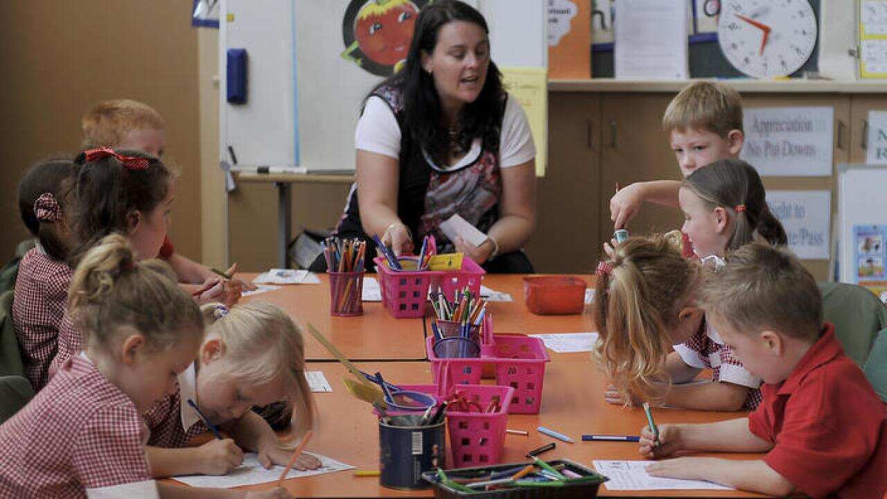 Children in the small Dixon Creek Primary School 50km north-east of Melbourne (Getty).