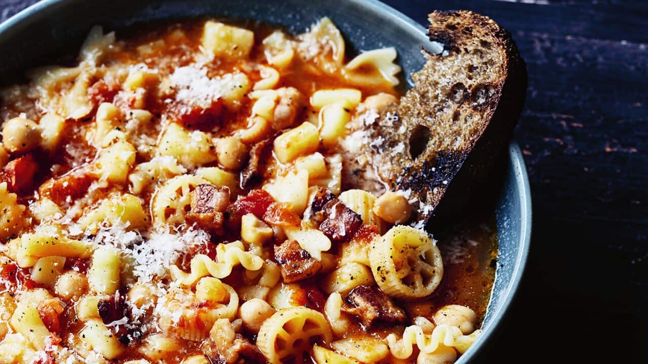Minestra di pasta mista with potatoes and chickpeas