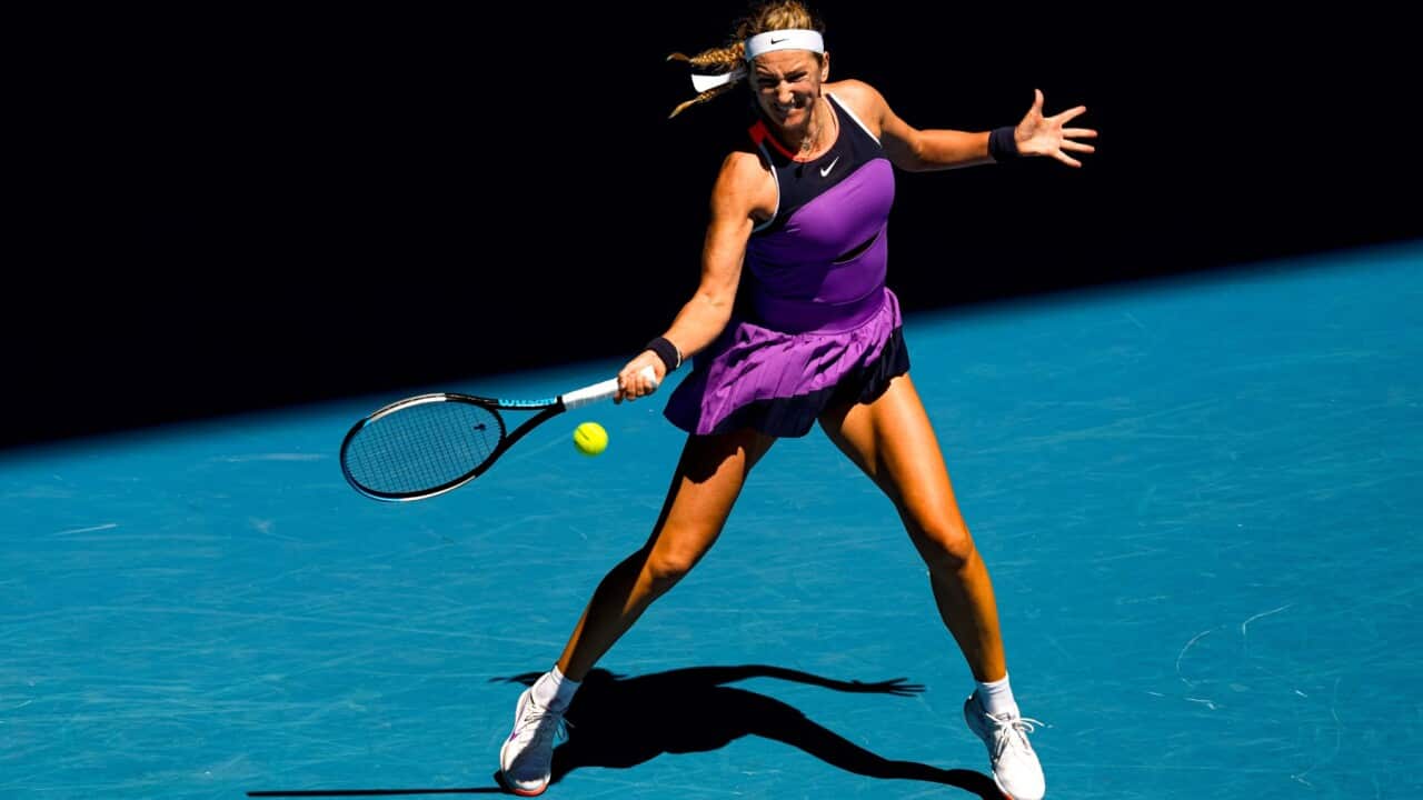 MELBOURNE, AUSTRALIA - FEBRUARY 09: Victoria Azarenka of Belarus plays a forehand in her Women's Singles first round match against Jessica Pegula of The United States of America during day two of the 2021 Australian Open at Melbourne Park on February 09,