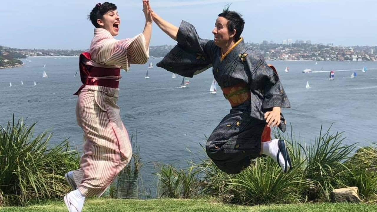 Tallulah Cannigham (right) and Ellen Bird, both members of the International Kimono Club Sydney, at Gunners Barracks in Mosman in 2018.