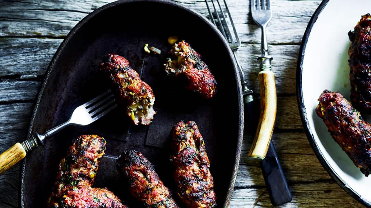 Nekkid sausages with mint and pistachio