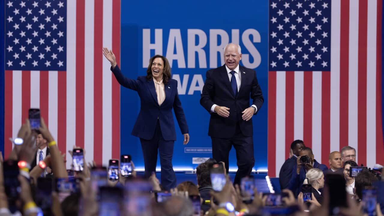 Democratic presidential candidate US Vice President Kamala Harris holds a campaign rally with Democratic vice presidential candidate Tim Walz