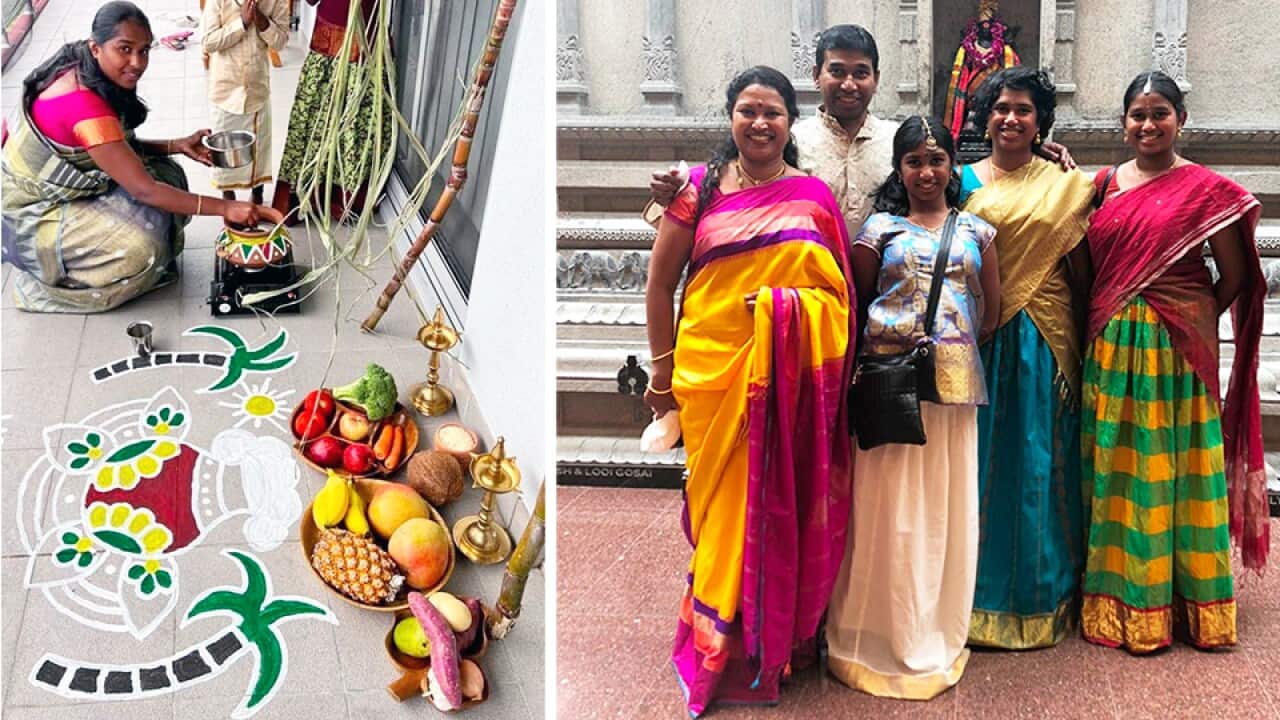 Vidhya (left) and Amutha (right) celebrate Pongal in Australia