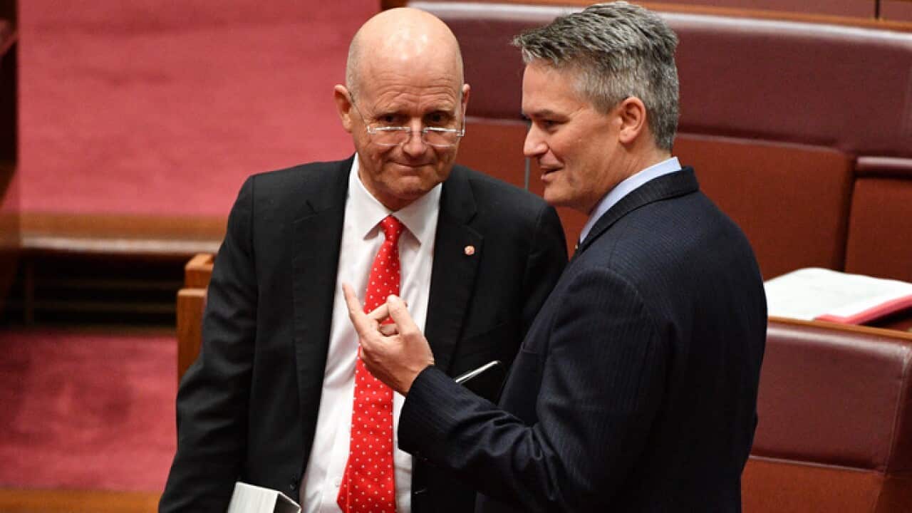 Finance Minister Mathias Cormann, right, talks with crossbench senator David Leyonhjelm