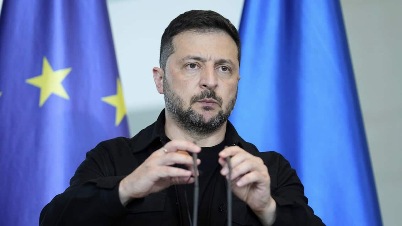 Volodymyr Zelenskyy talks to the media after the meeting with European leaders (AAP)