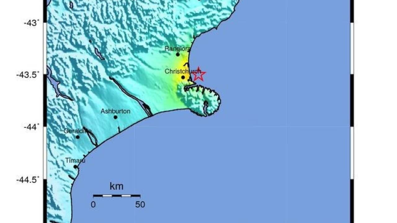 epa05159384 A handout image released by the US Geological Survey (USGS) on 13 February 2016 shows a shakemap of a 5.8 magnitude earthquake near Christchurch, New Zealand.  EPA/USGS / HANDOUT  HANDOUT EDITORIAL USE ONLY