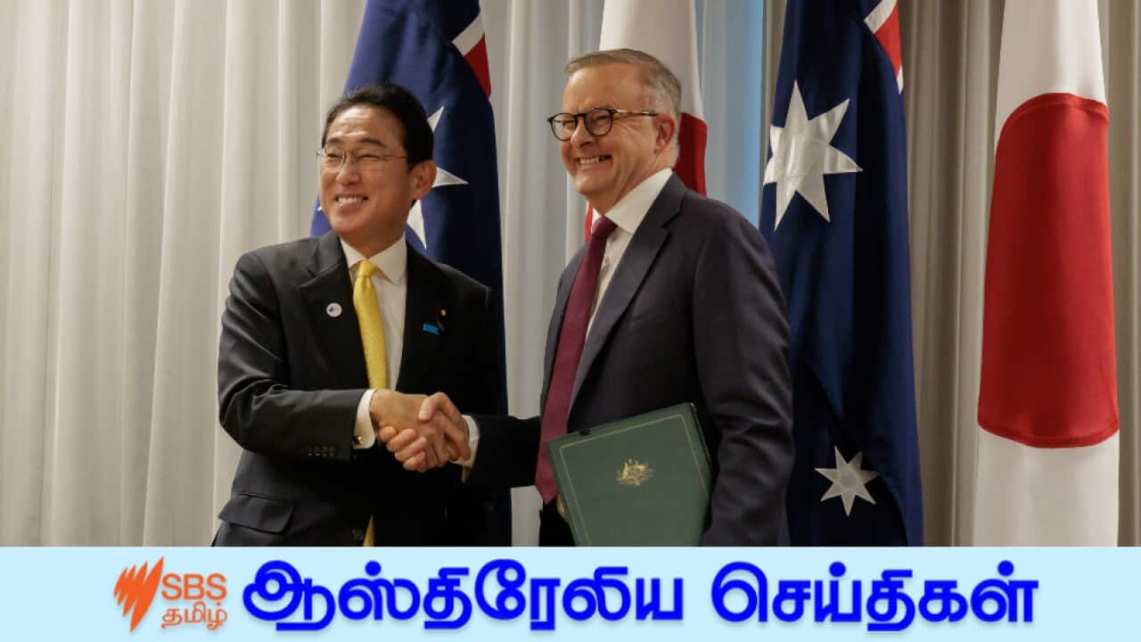 Australian Prime Minister Anthony Albanese and Prime Minister of Japan Kishida Fumio are seen after signing a new joint declaration on security cooperation during the Annual Australia–Japan Leaders’ Meeting in Perth
