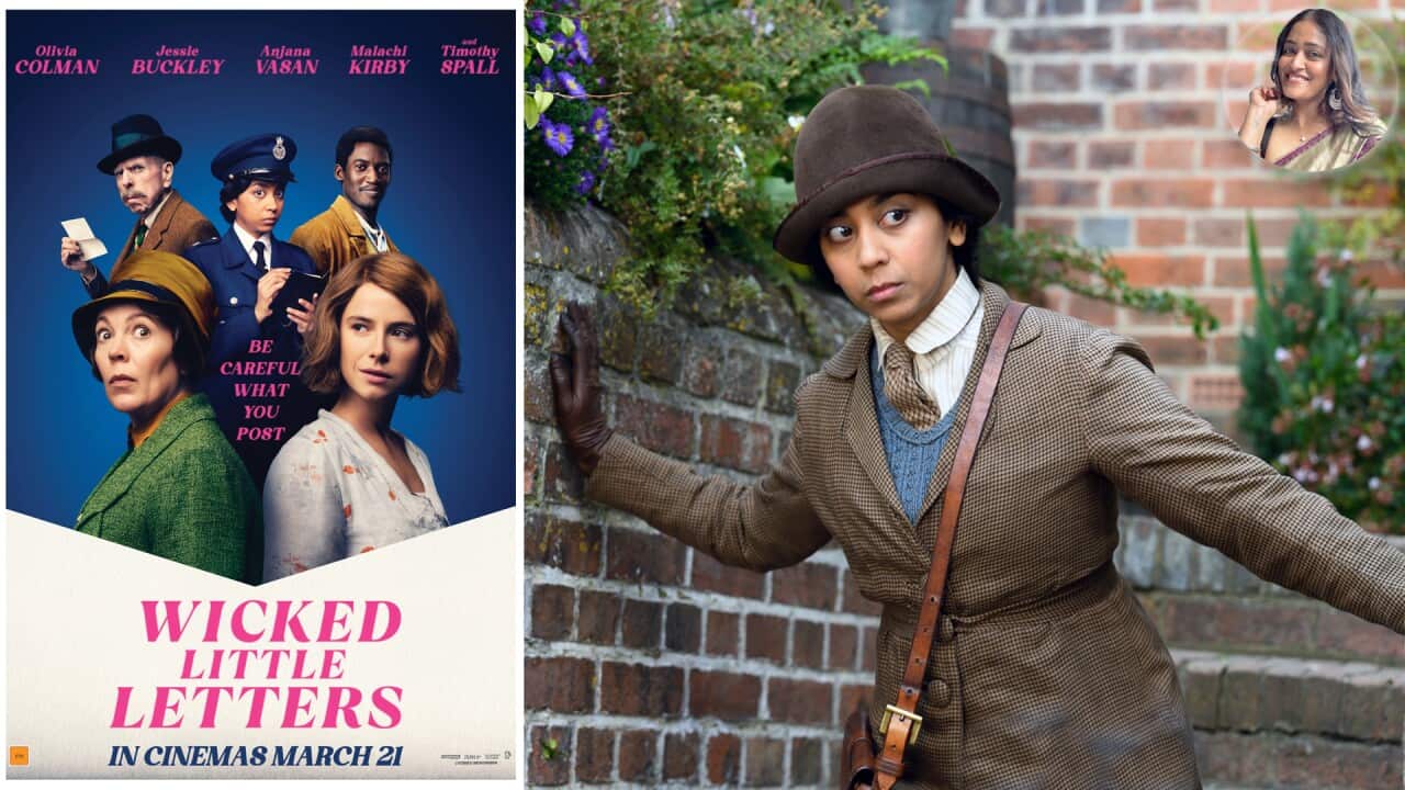 "Wicked Little Letters" Australian poster, and Anjana Vasan in one of the scenes. (StudioCanal); Inset: Mathuranthaki