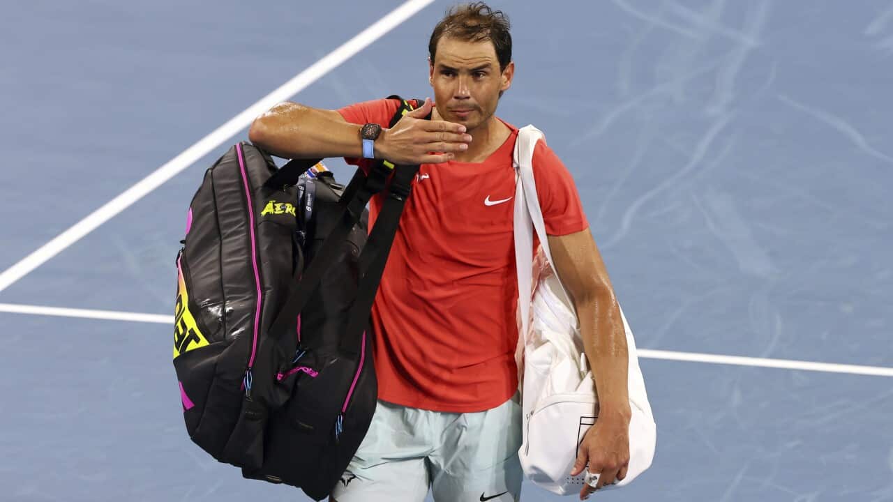 Rafael Nadal of Spain blows a kiss to the crowd after he lost his quarter-final match against Jordan Thompson of Australia during the Brisbane International tennis tournament in Brisbane