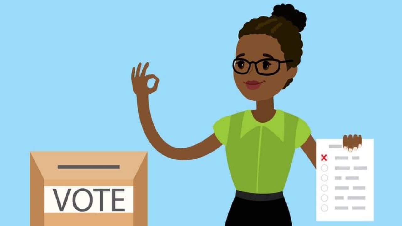 Happy african female holding vote page and ballot box
