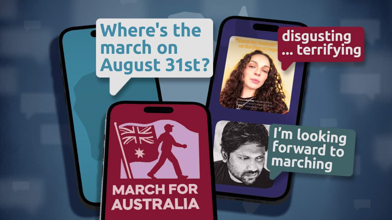 A composite of images depicting texts and screenshots about a march on 31 August