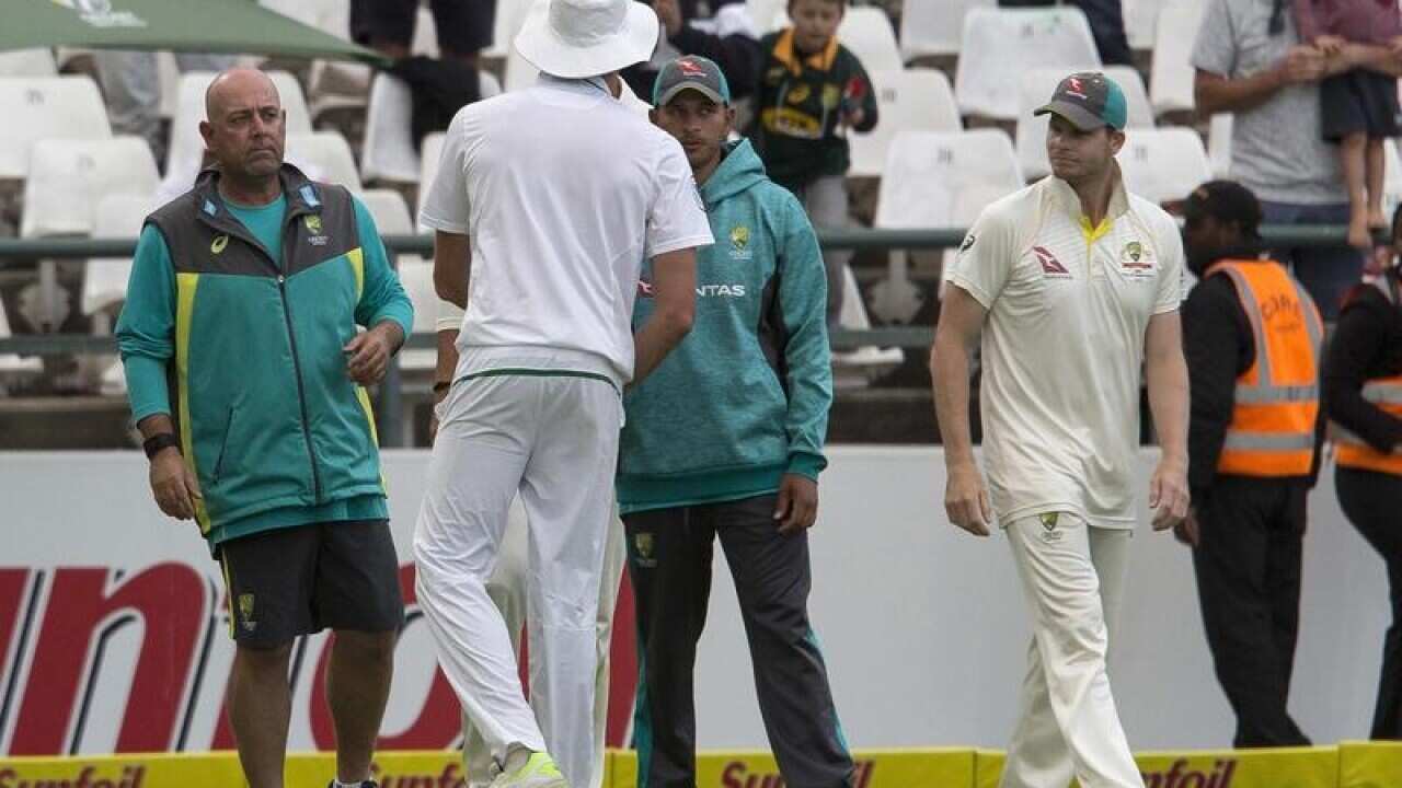 Australia cricket coach Darren Lehmann, left, and Steve Smith, right