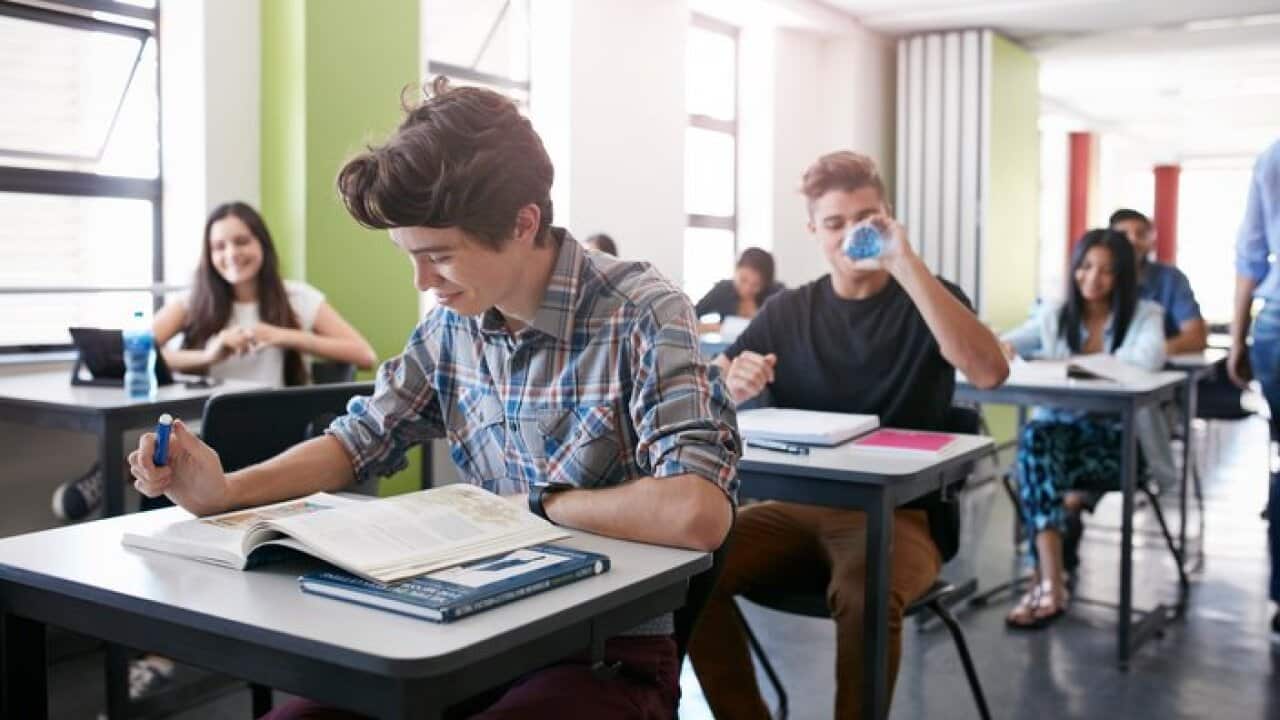 Student looking in book in classroom