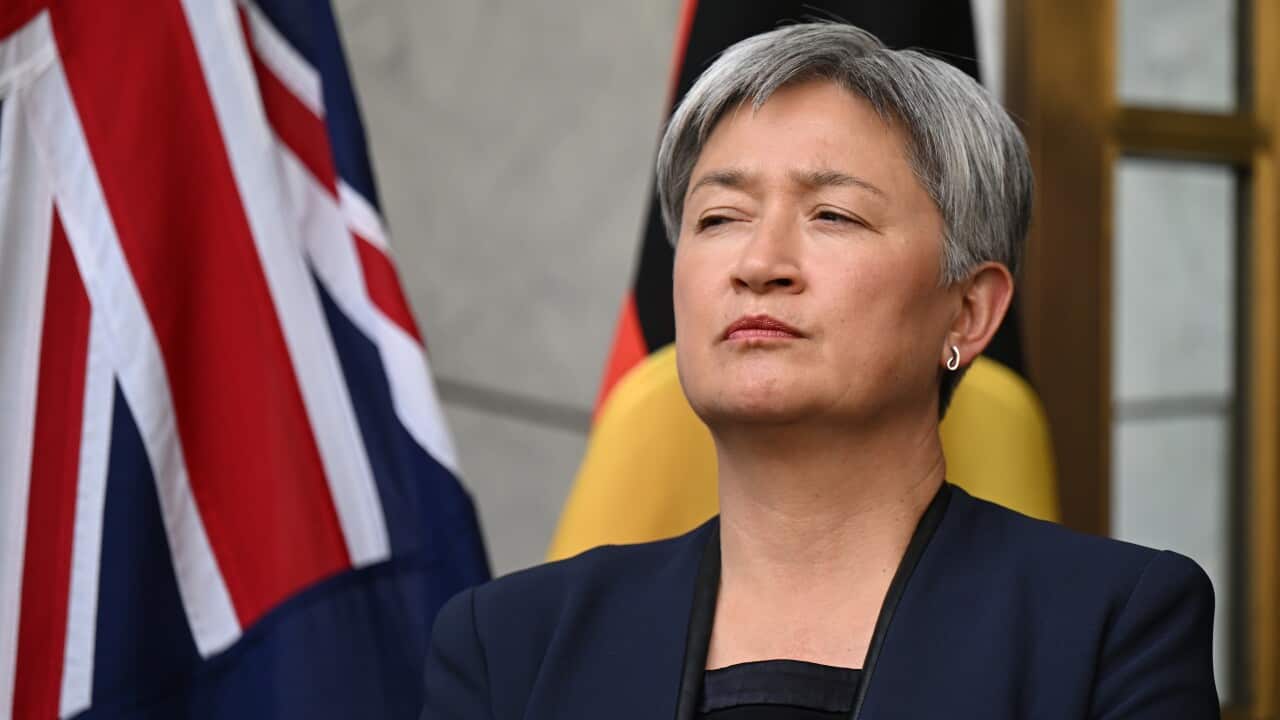 Penny Wong, wearing a dark suit, standing outside. There is an Australian flag to her right