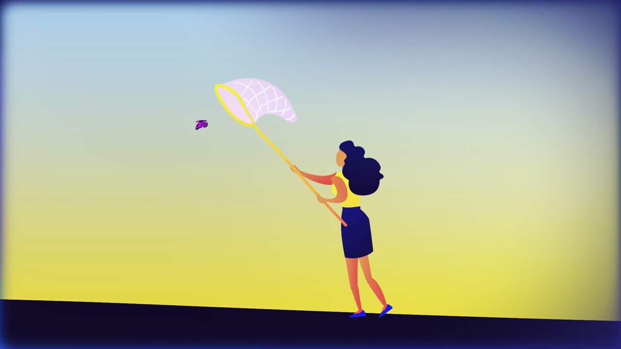 Cartoon woman trying to catch a butterfly with a net.