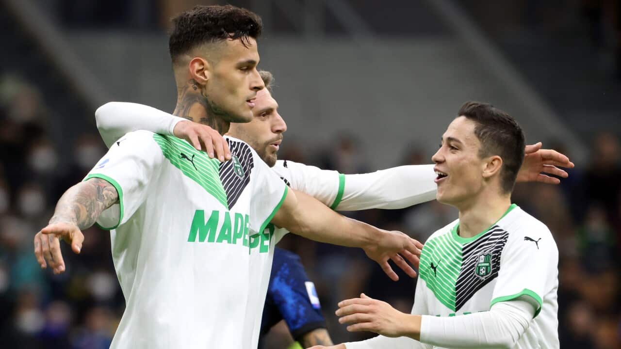 Gianluca Scamacca, Domenico Berardi e Giacomo Raspadori, protagonisti nel successo del Sassuolo a Milano contro l'Inter