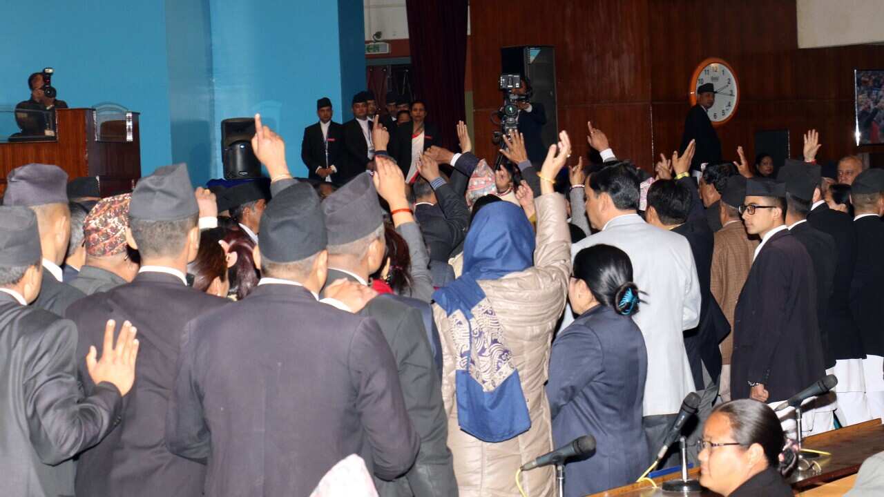 MPs from Nepali Congress protest against the Government's medical education reform bill 2019.