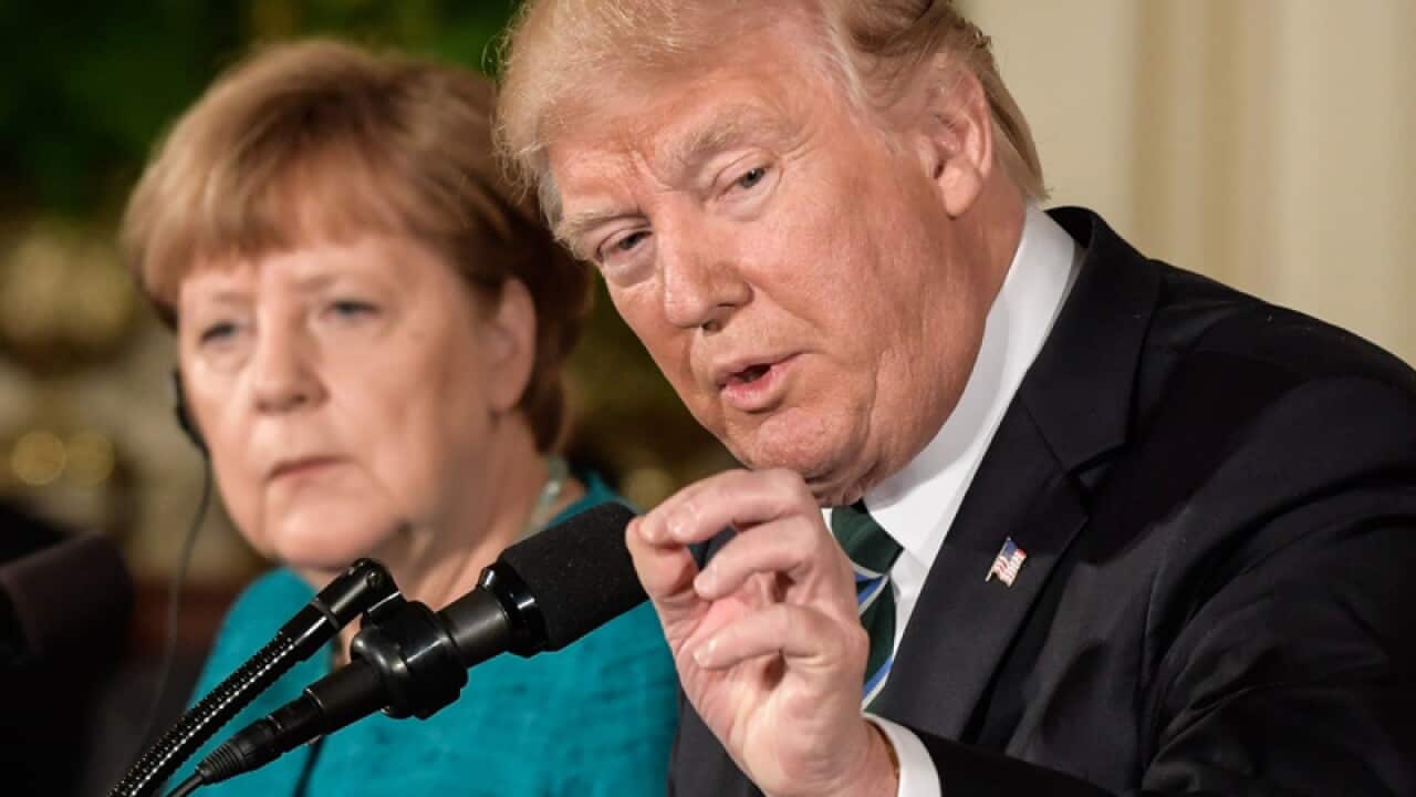 US President Donald J. Trump (R) and German Chancellor Angela Merkel