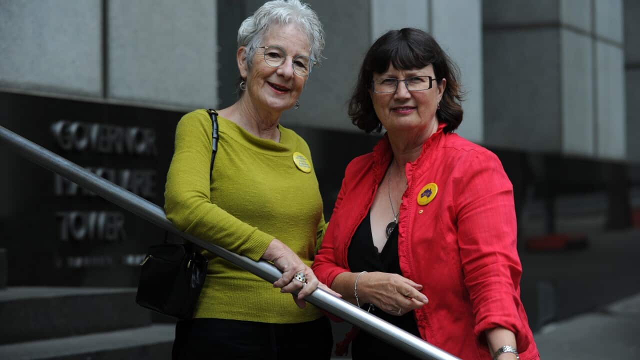 Care Leavers Australia Network (CLAN) founders Joanna Penglase (left) and  Leonie Sheedy (right)  outside the Royal Commission into Institutional Responses to Child Sexual Abuse in Sydney, Friday, Feb 28, 2014. (AAP Image/Dean Lewins) NO ARCHIVING