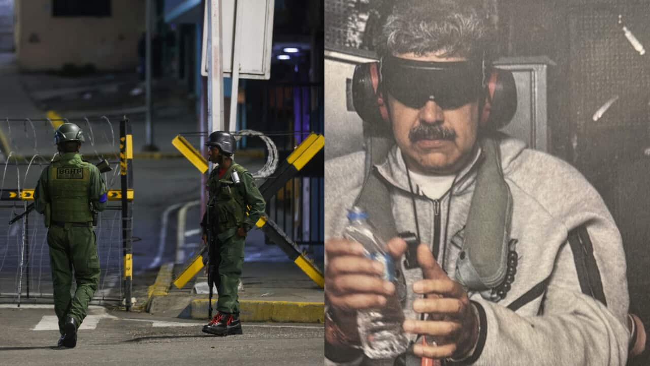 A composite image of soldiers on the left and a man in a grey tracksuit wearing a blindfold on the right