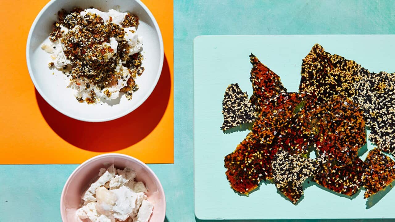 Frozen lychee and coconut cream with sesame praline