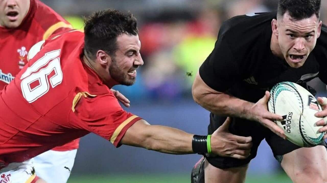Scott Baldwin of Wales is seen in action against New Zealand