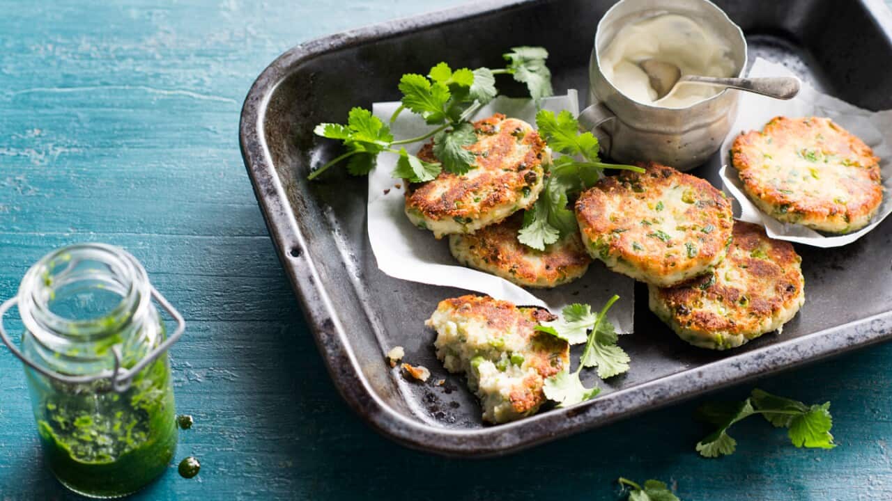 Spiced Indian potato and pea fritters (rotlo)