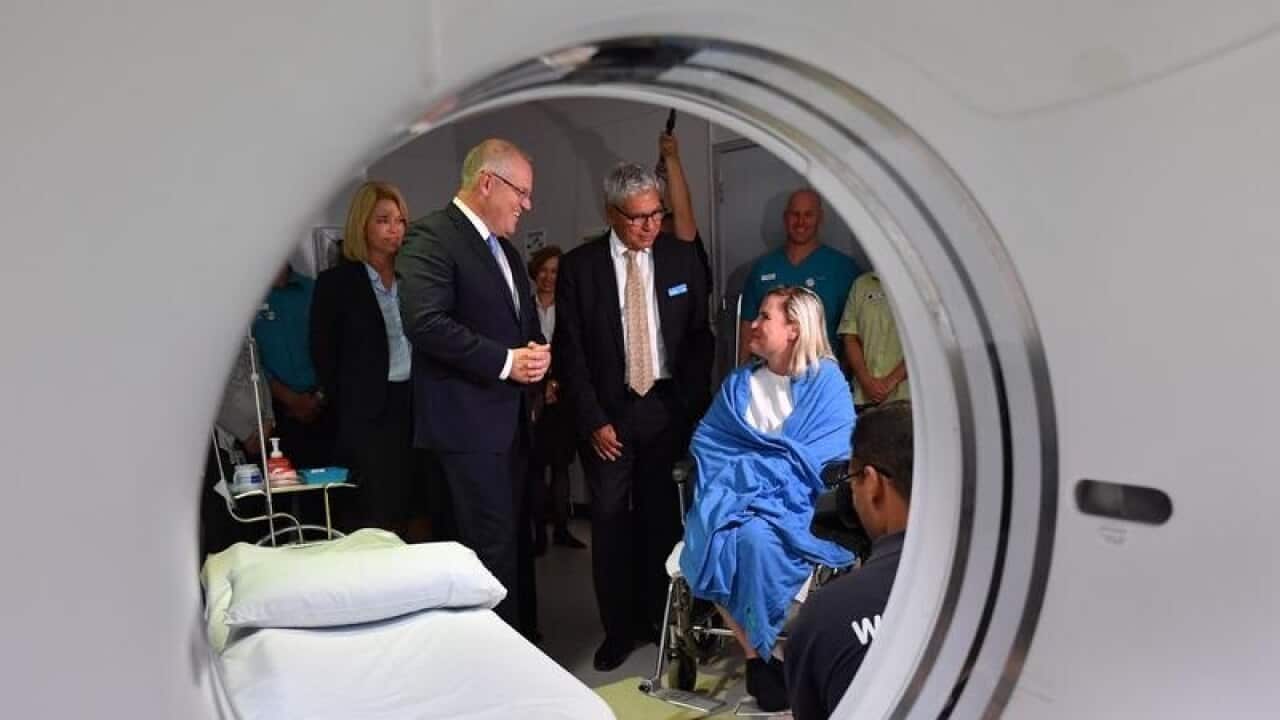 Scott Morrison and candidate Warren Mundine at Shellharbour Hospital.