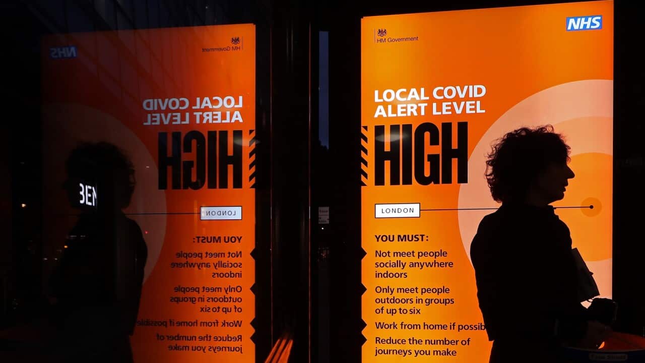 An NHS Covid high alert level sign on a bus shelter in central London (AAP)
