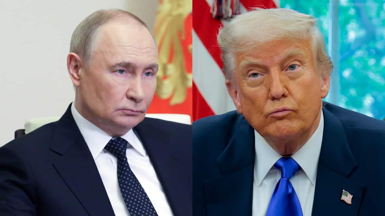 A two-way image of Vladimir Putin and Donald Trump.