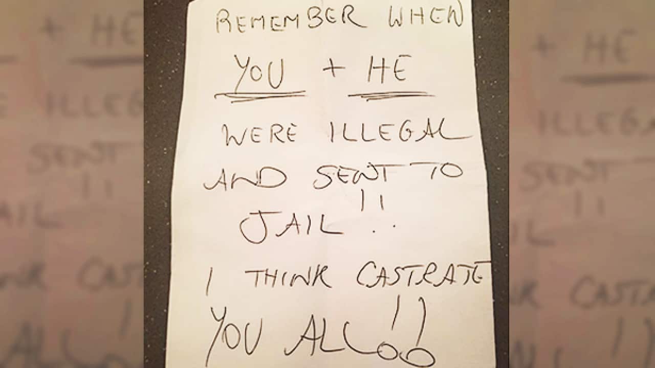 Kirk Muddle and his partner have received four letters containing homophobic rhetoric from an unknown neighbour.