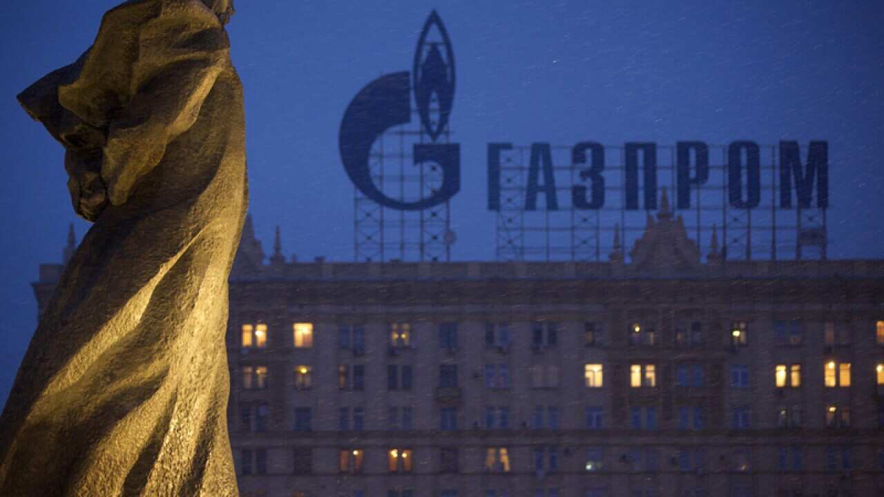 A sign advertising Russia's natural gas giant Gazprom, in Moscow