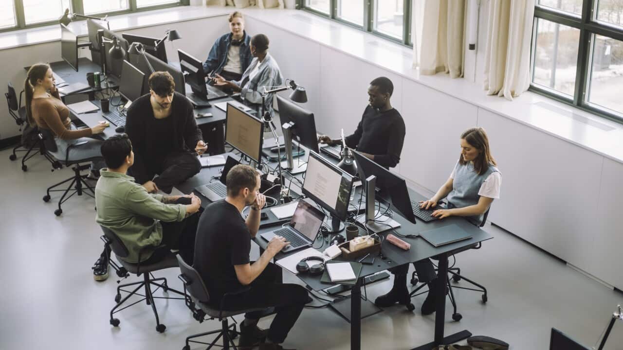 High angle view of male and female programmers working on computers at desk in office