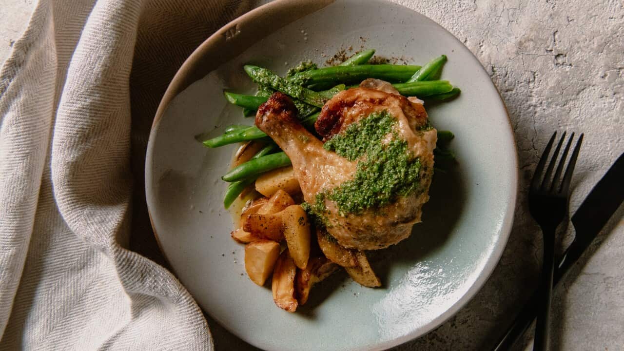 Flat roast chook with salsa verde