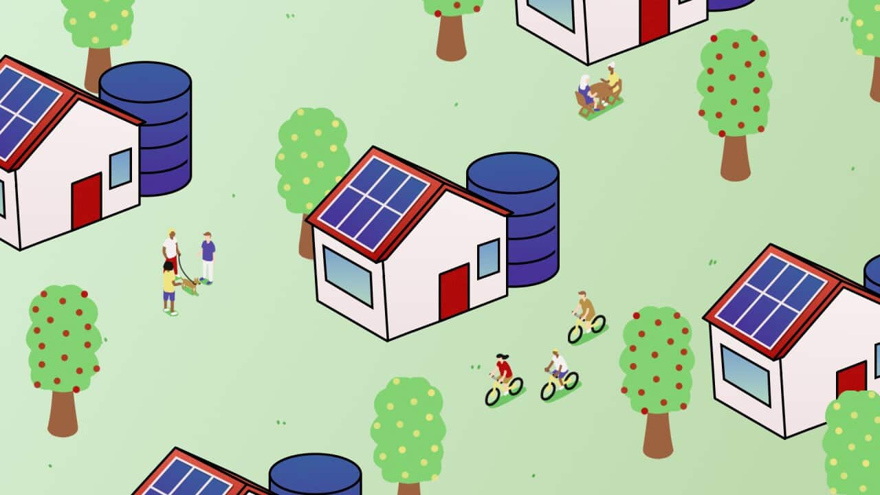 A graphic image of a group of small homes with solar panels and water tanks, all surrounded by grass and trees and people biking or chatting.