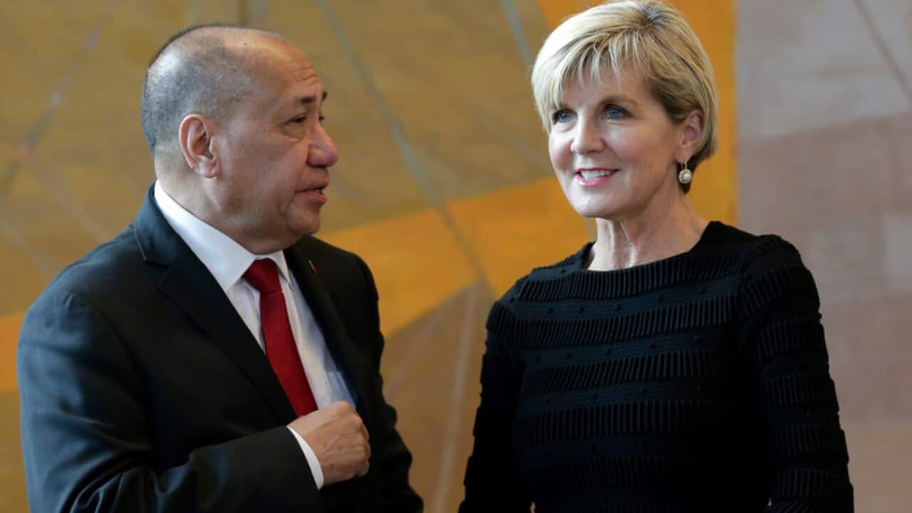 Timor Leste's Agio Pereira, left, and Foreign Minister Julie Bishop