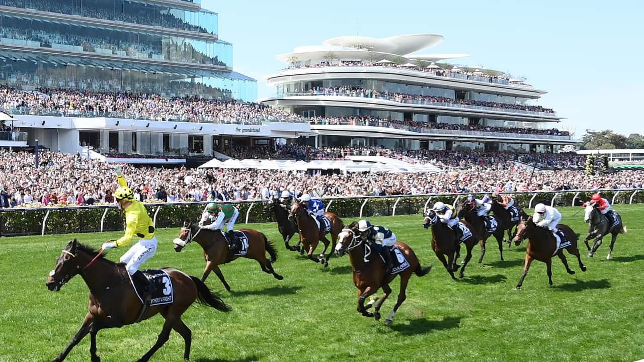 Horses crossing the finish line while crowds cheer in the background.