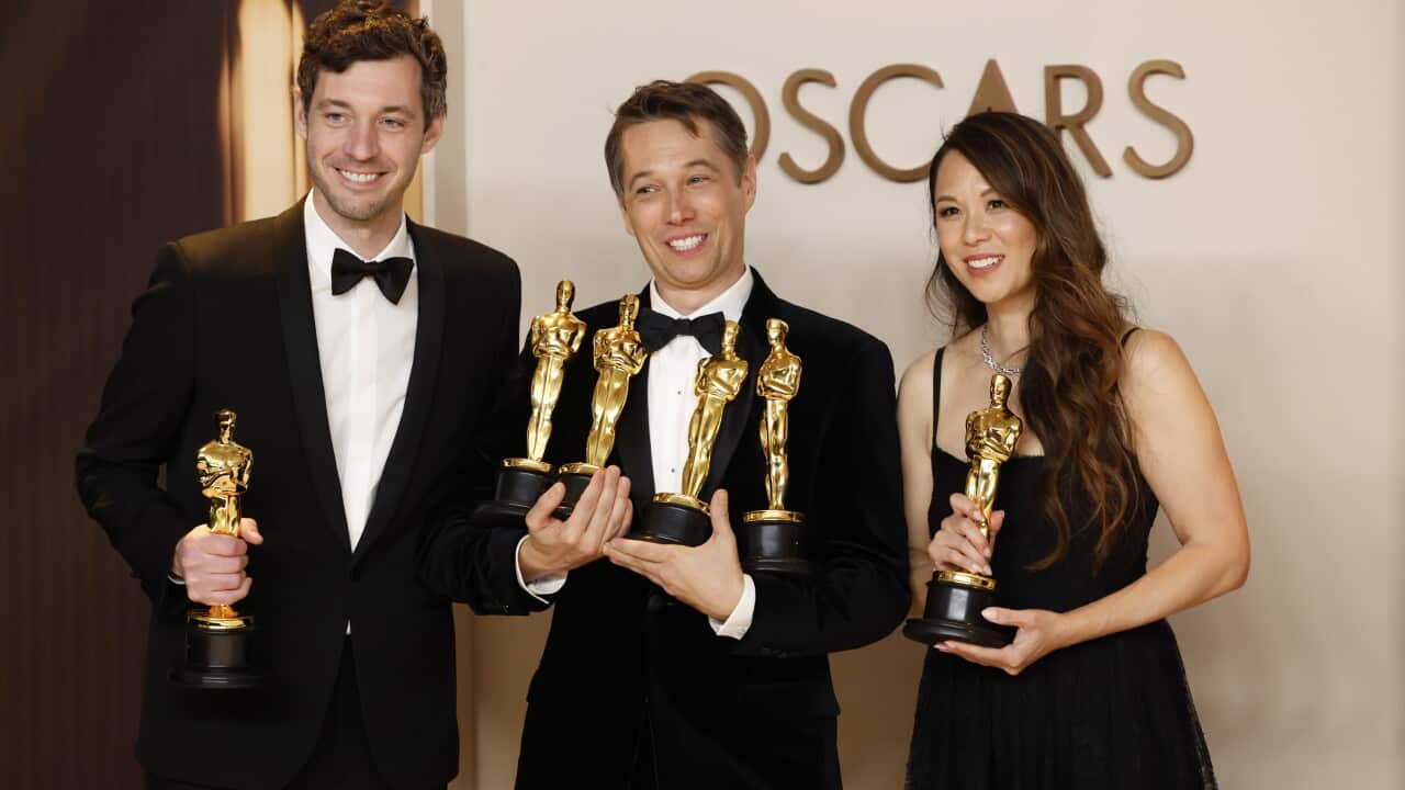 Alex Coco, Sean Baker, and Samantha Quan, winners of the Best Picture for the movie Anora, pose during the 97th annual Academy Awards ceremony at the Dolby Theatre in Los Angele