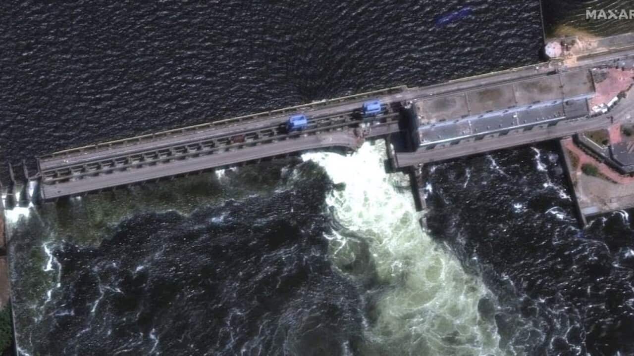A satellite image shows Nova Khakovka Dam in Kherson region, Ukraine