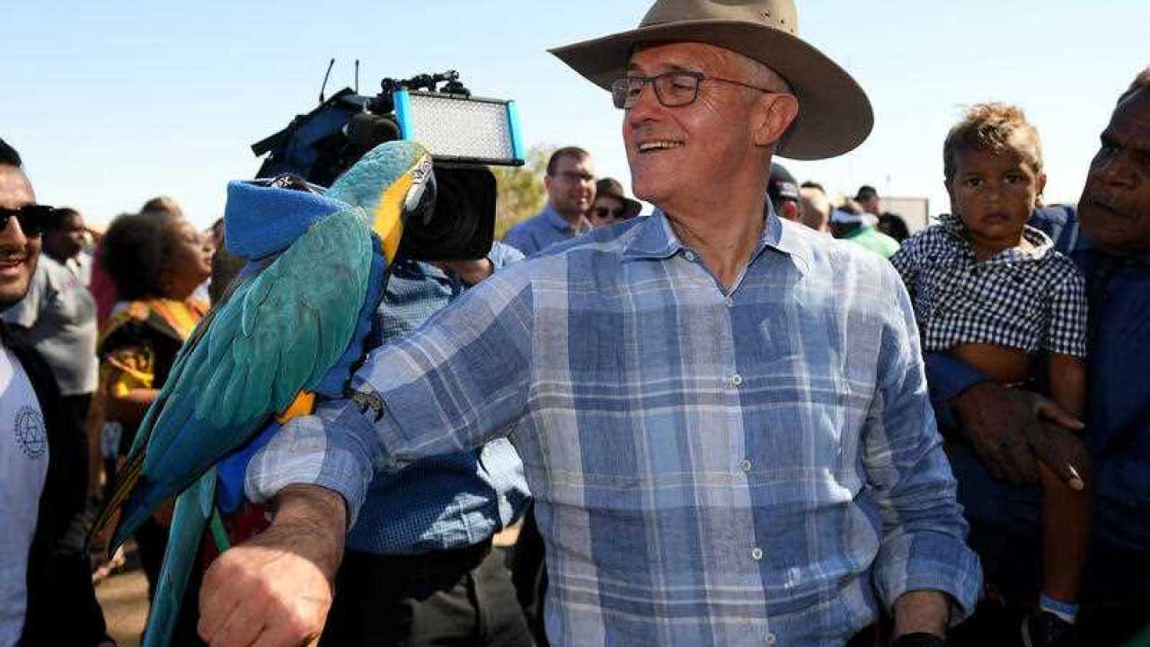 Minister Malcolm Turnbull poses for a photograph with a parrot as he arrives at Tennant Creek airport, in the Northern Territory.