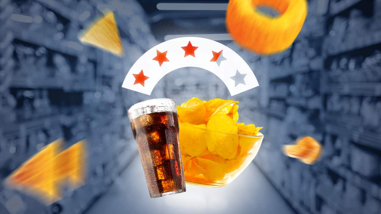 A cola drink and bowl of chips in front of a blurred supermarket background, with a 3.5 star rating above