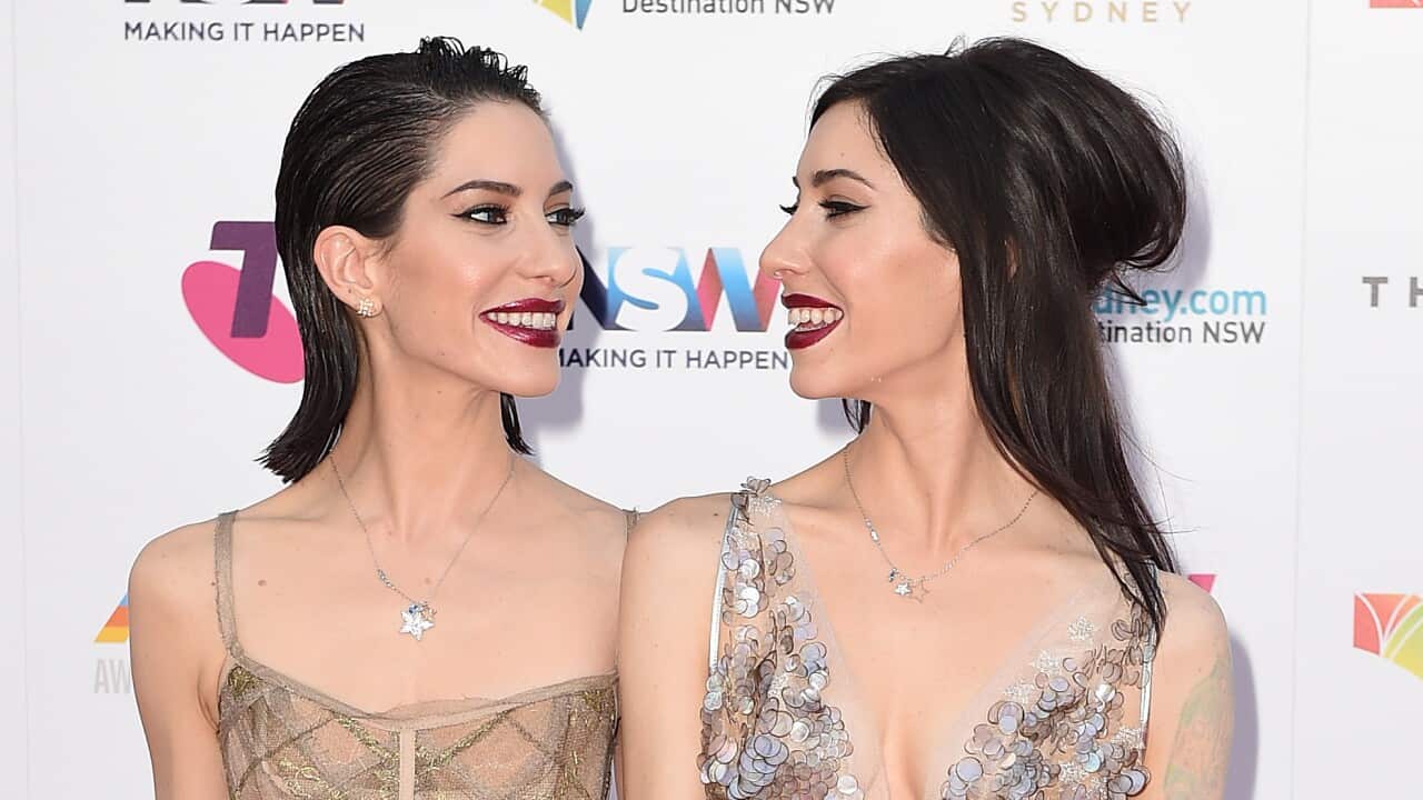 Jessica Origliasso and Lisa Origliasso of The Veronicas arrives at the 29th ARIA Awards at The Star, in Sydney, Thursday, Nov. 26, 2015. (AAP Image/Dan Himbrechts) NO ARCHIVING
