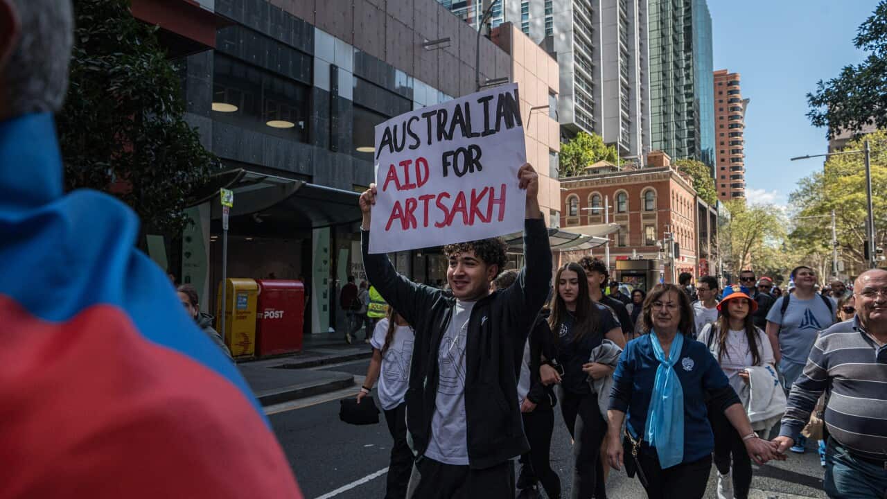 Supporters and members the Armenian-Australian community rally in Sydney's CBD (AAP)