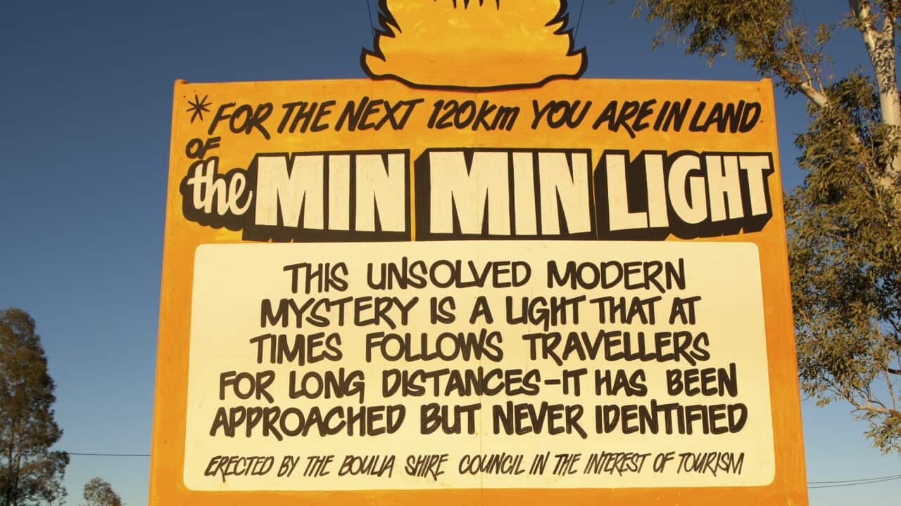 Sign for the mysterious Min Min Light Boulia Channel Country Queensland Australia