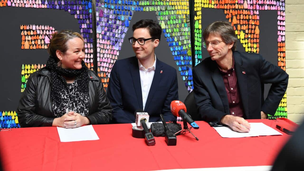 ICAN Members Dimity Hawkins, Tim Wright and Tilman Ruff at the Victorian Trades Hall Council in Carlton, Melbourne
