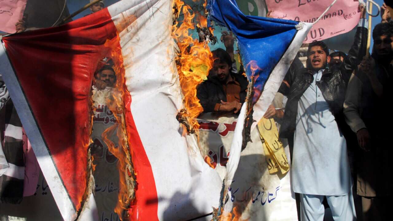 Pakistani protesters burn a representation of a French flag