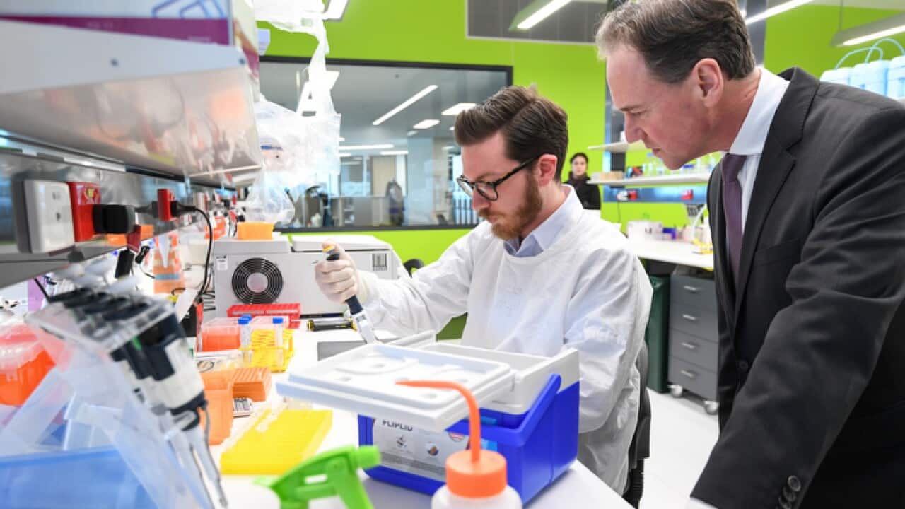 Minister for Health Greg Hunt at the Peter Mac Centre with Matteo Costacurla in research lab. PICTURE : PENNY STEPHENS, 15TH JULY 2018