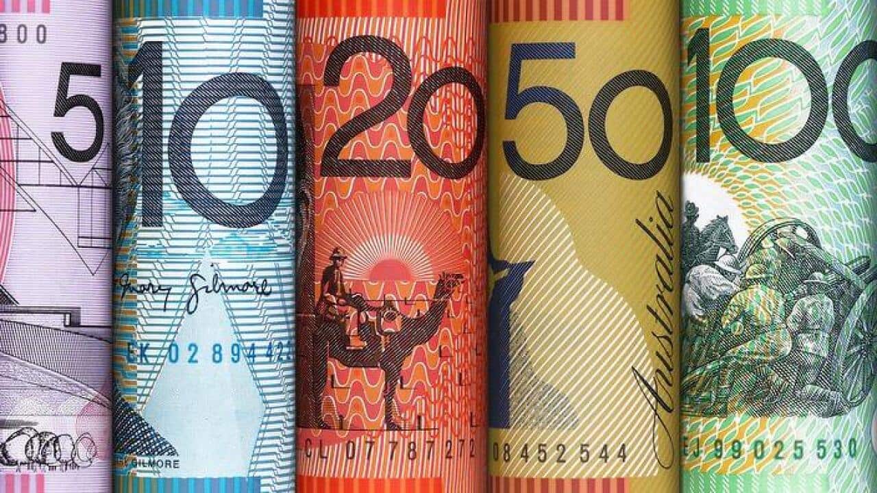 Close-up of colorful plastic Australian dollar notes